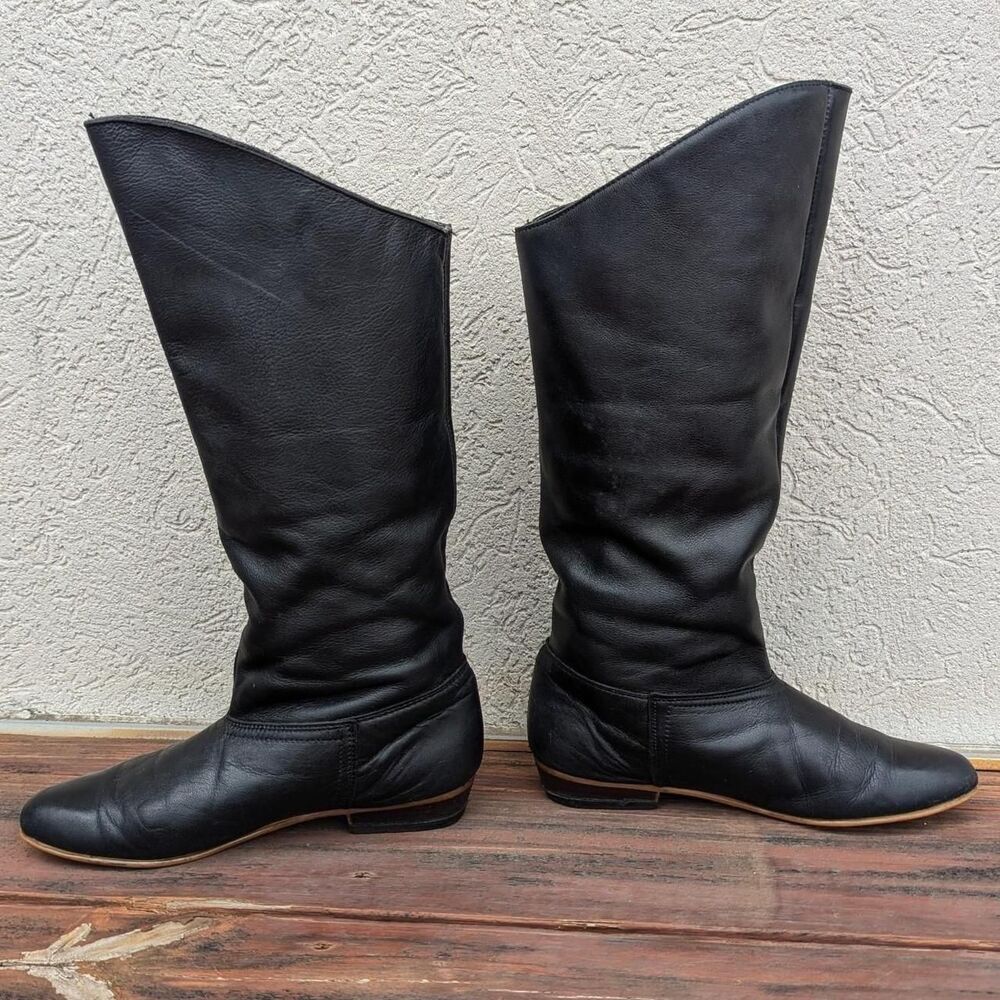 Women's Vintage 70s DEXTER black leather calf knee high Black Boots 6.5 low heel